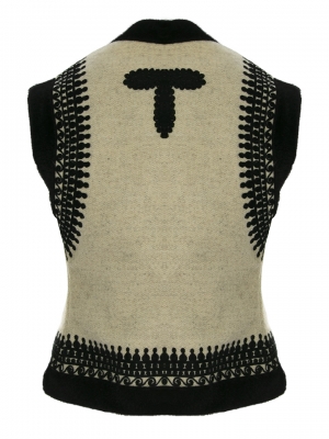 Ecru Wool & Cashmere Short Vest with Black Embroidery, Handcrafted by Authentic Romanian Artisans (01)