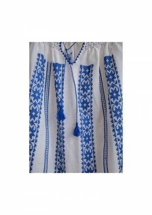 Handwoven Traditional Romanian Blouse White with Blue Embroidery