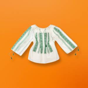Handwoven Traditional Romanian Blouse White with Green Embroidery