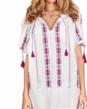 Handwoven Traditional Romanian Blouse White With Purple Embroidery