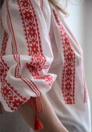 Handwoven Traditional Romanian Blouse White with Red Embroidery