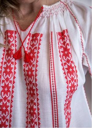 Handwoven Traditional Romanian Blouse White with Red Embroidery