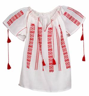 Kids Handwoven Traditional Romanian Blouse White with Red Embroidery