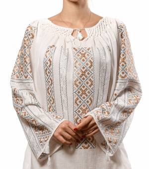 Long-Sleeved Traditional Romanian Blouse with Grey and Brown Silk 'Ear of Wheat' Embroidery Handmade by Artisans