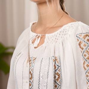 Long-Sleeved Traditional Romanian Blouse with Grey and Brown Silk 'Ear of Wheat' Embroidery Handmade by Artisans