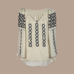 Long-Sleeved Traditional Romanian Blouse with Openwork Lace and Black Silk Geometric Embroidery Handmade by Artisans