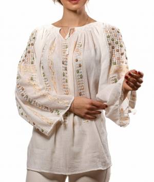 Long-Sleeved Traditional Romanian Blouse with Openwork Lace and Green-Brown-Golden Silk Little Flowers Hand-Embroidered by Artisans