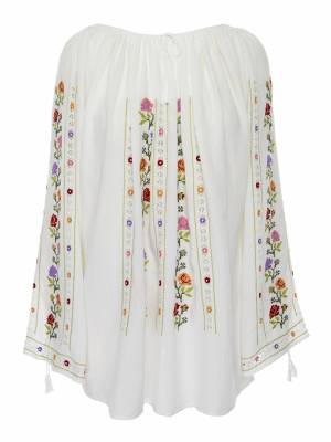 Long-Sleeved Traditional Romanian Blouse with Openwork Lace and Multicolour Floral Embroidery Handmade by Artisans