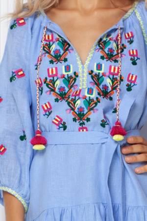 Omelia Chic Blue Mini Embroidered Dress