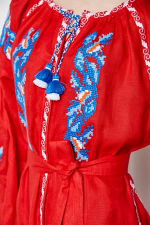 Red midi dress folk traditional style embroidery Claire Foberini