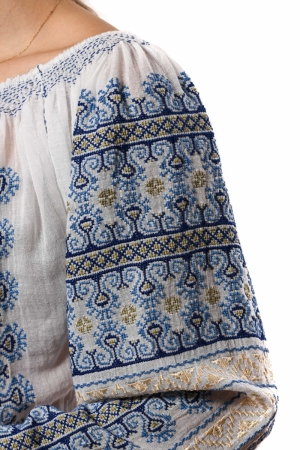 Long-Sleeved Traditional Romanian Blouse with Blue and Golden 'Rooster's Comb' Embroidery Handmade by Artisans
