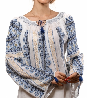 Long-Sleeved Traditional Romanian Blouse with Blue and Golden 'Rooster's Comb' Embroidery Handmade by Artisans