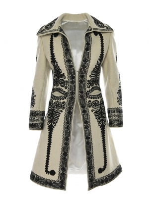 Ecru Wool & Cashmere Coat with Black Embroidery, Handcrafted by Authentic Romanian Artisans