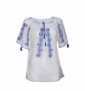 Short-Sleeved Traditional Romanian Blouse 'Maria' with Blue|Red|Black Embroidery Handmade in Transylvania