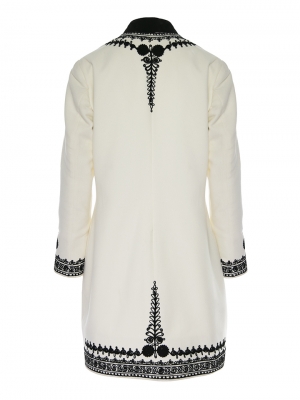 White Wool & Cashmere Coat with Black Embroidery, Handcrafted by Authentic Romanian Artisans