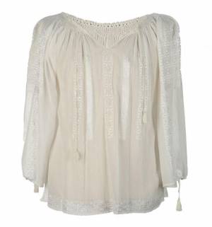 Long-Sleeved Traditional Romanian Blouse with Ivory Silk Geometric Embroidery Handmade by Artisans