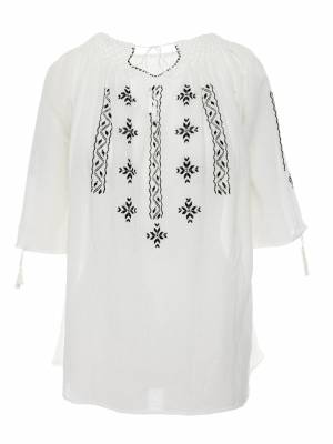 Short-Sleeved Traditional Romanian Blouse with Black Silk Geometric Embroidery Handmade by Artisans