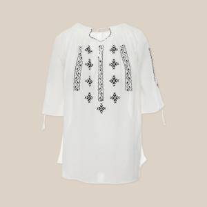 Short-Sleeved Traditional Romanian Blouse with Black Silk Geometric Embroidery Handmade by Artisans