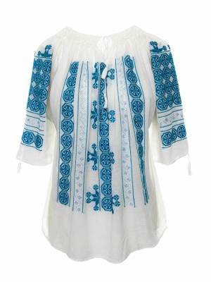 Short-Sleeved Traditional Romanian Blouse with Blue 'Wheel of Fortune' Embroidery Handmade by Artisans