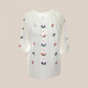 Short-Sleeved Traditional Romanian Blouse with Multicolour Floral Embroidery Handmade by Artisans