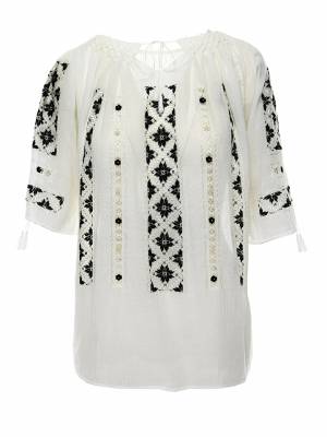 Short-Sleeved Traditional Romanian Blouse with Openwork Lace and Black Silk Geometric Embroidery Handmade by Artisans
