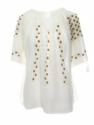  Short-Sleeved Traditional Romanian Blouse with Openwork Lace and Brown Silk Little Flowers Hand-Embroidered by Artisans