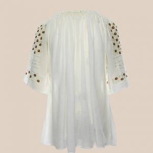  Short-Sleeved Traditional Romanian Blouse with Openwork Lace and Brown Silk Little Flowers Hand-Embroidered by Artisans