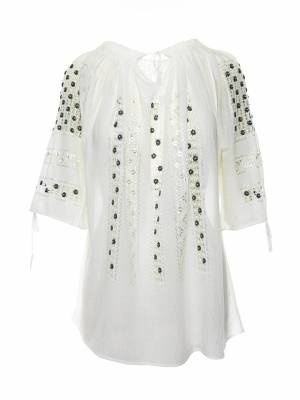 Short-Sleeved Traditional Romanian Blouse with Openwork Lace and Green Silk Little Flowers Hand-Embroidered by Artisans