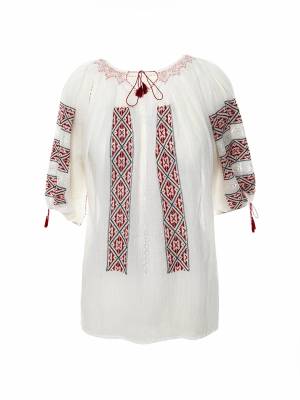 Short-Sleeved Traditional Romanian Blouse with Red Geometric Embroidery Handmade by Artisans