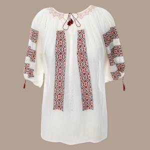 Short-Sleeved Traditional Romanian Blouse with Red Geometric Embroidery Handmade by Artisans