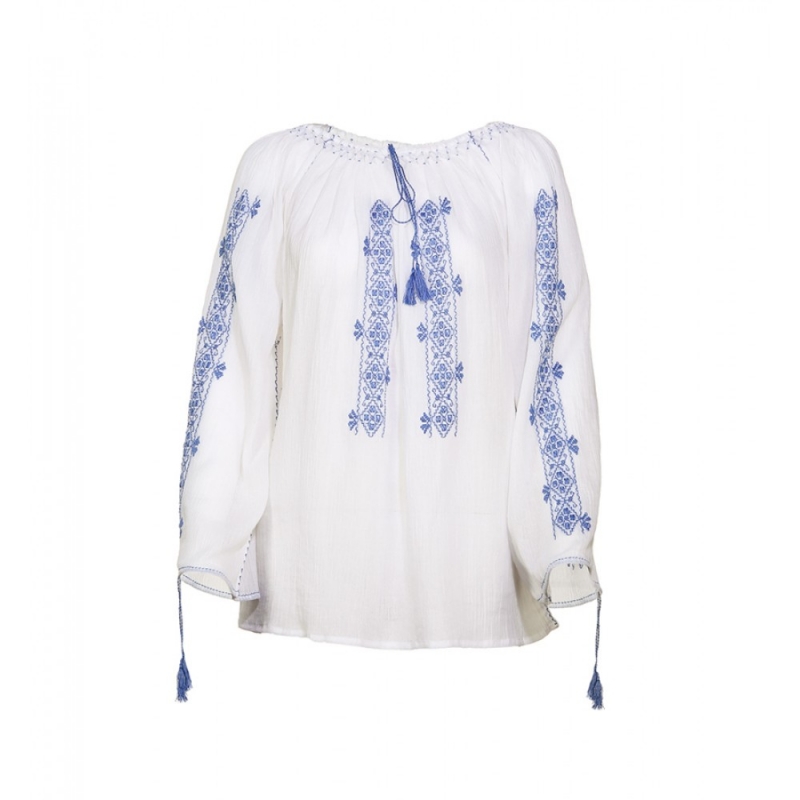 Traditional Romanian Blouse 'Maria' with Blue Embroidery Handmade in Transylvania
