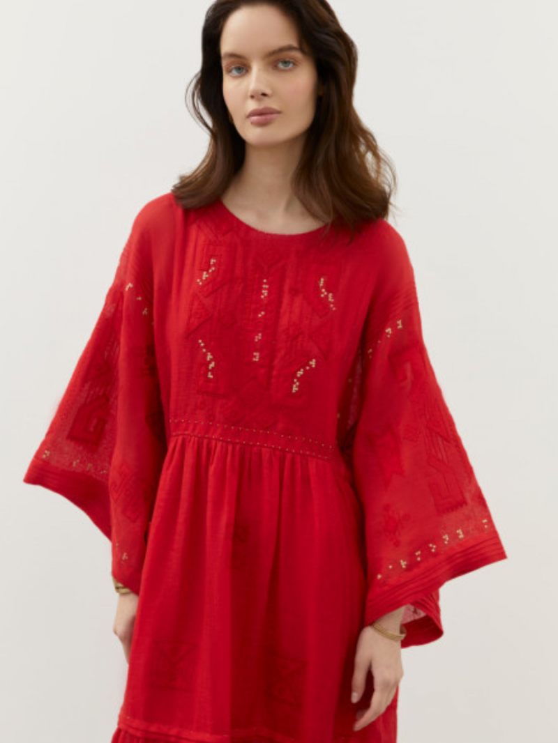 Braille Long Red Embroidered Dress 