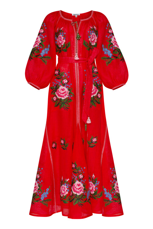 Foberini Evelyn Maxi Ukrainian Red Linen  Embroidered Bohemian Linen Dress