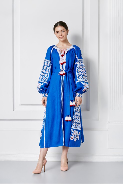 Folk Blue Embroidered  Midi Dress Foberini
