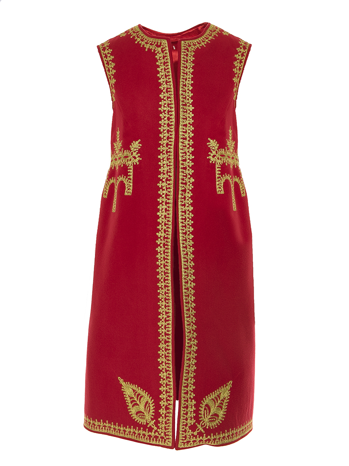 Red Wool & Cashmere Long Vest with Gold Embroidery, Handcrafted by Authentic Romanian Artisans 05