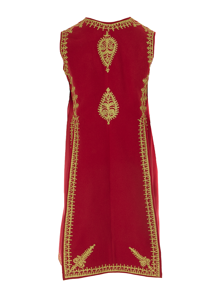 Red Wool & Cashmere Long Vest with Gold Embroidery, Handcrafted by Authentic Romanian Artisans (06)