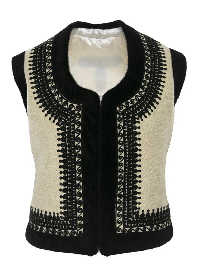 Ecru Wool & Cashmere Short Vest with Black Embroidery, Handcrafted by Authentic Romanian Artisans 01
