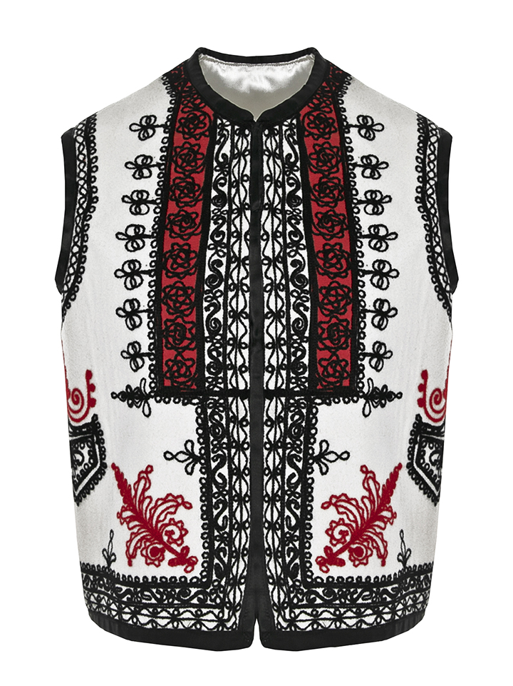 White Wool & Cashmere Short Vest with Black-Red Embroidery, Handcrafted by Authentic Romanian Artisans 02