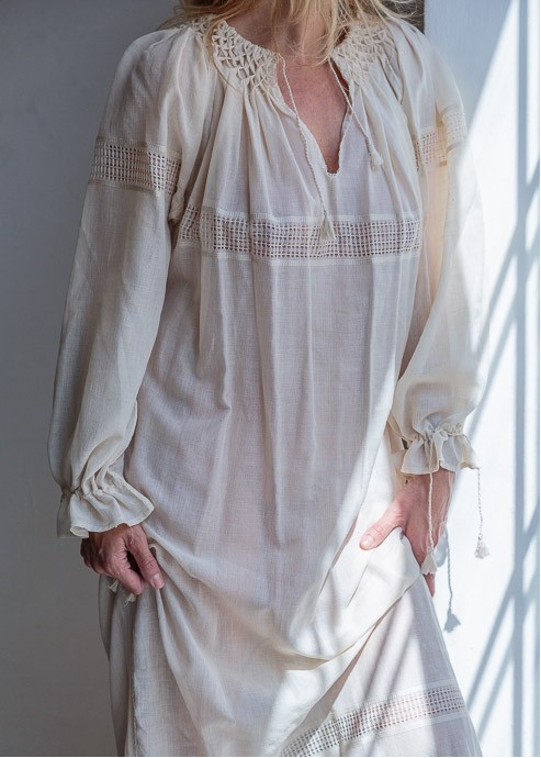 Handwoven Ivory Maxi Dress With Long Sleeves