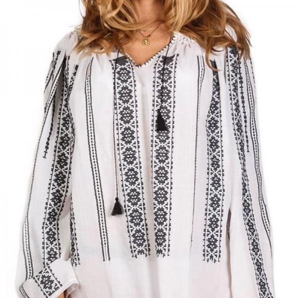 Handwoven Traditional Romanian Blouse White With Black Embroidery