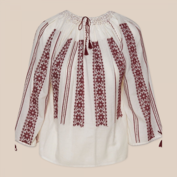 Handwoven Traditional Romanian Blouse White with Burgundy Embroidery