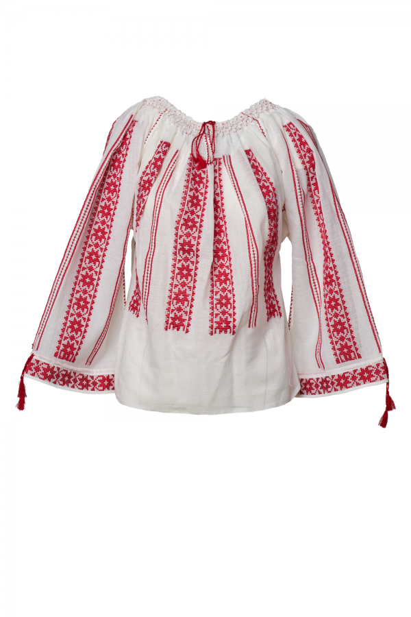 Handwoven Traditional Romanian Blouse White with Red Embroidery
