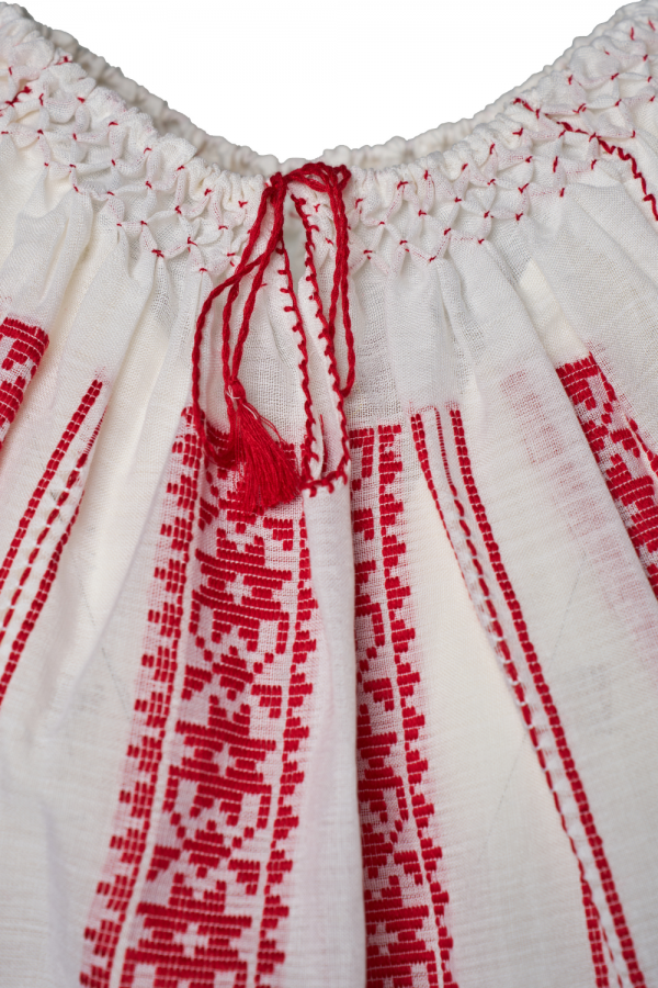 Handwoven Traditional Romanian Blouse White with Red Embroidery