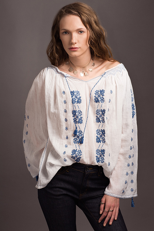 Traditional Romanian Blouse 'Hortensia' with Blue Embroidery Handmade in Transylvania