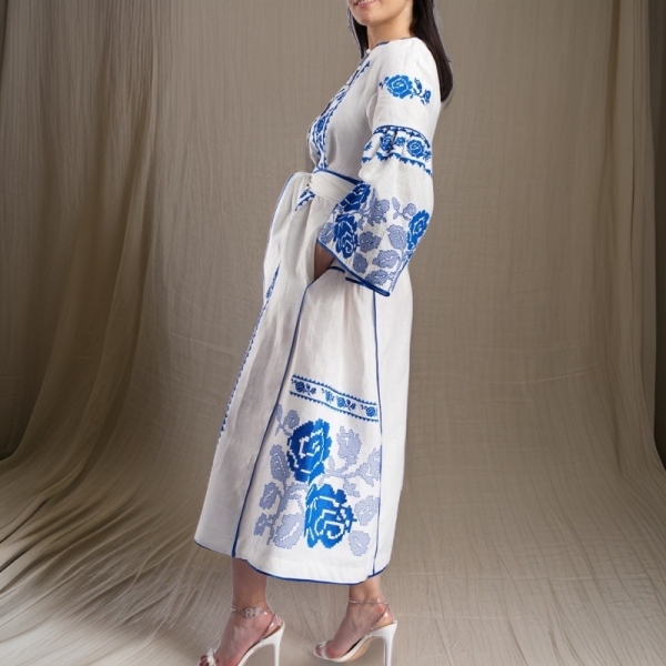 Ivana Grace Blue Linen Maxi Folk style resort dress 