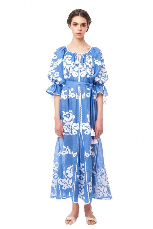 Long blue ocean embroidered maxi dress Ocean Foberini