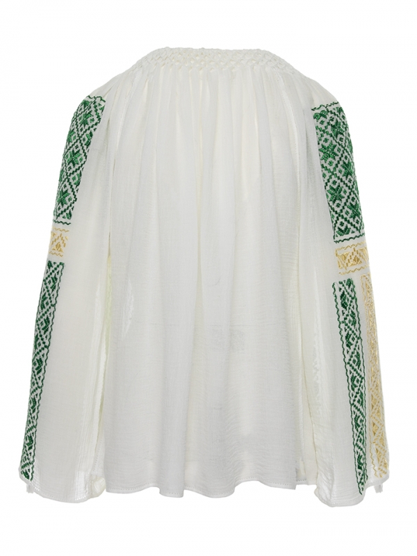 Long-Sleeved Traditional Romanian Blouse with Green and Golden Silk 'Eight-Pointed Star' Embroidery Handmade by Artisans