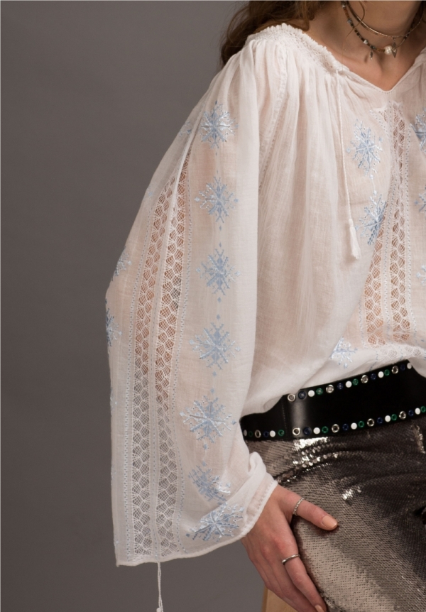 Long-Sleeved Traditional Romanian Blouse with Openwork Lace and Light-Blue Silk 'Queen's Flower' Embroidery Handmade by Artisans