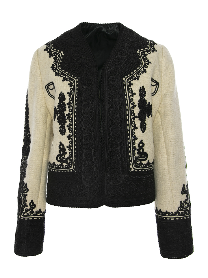 Ecru Wool & Cashmere 'Martha Bibescu' Jacket with Black Embroidery, Handcrafted by Authentic Romanian Artisans
