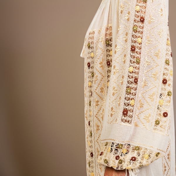 Maxi Long-Sleeved Romanian Dress with Openwork Lace and Green-Brown-Golden Silk Little Flowers Hand-Embroidered by Artisans